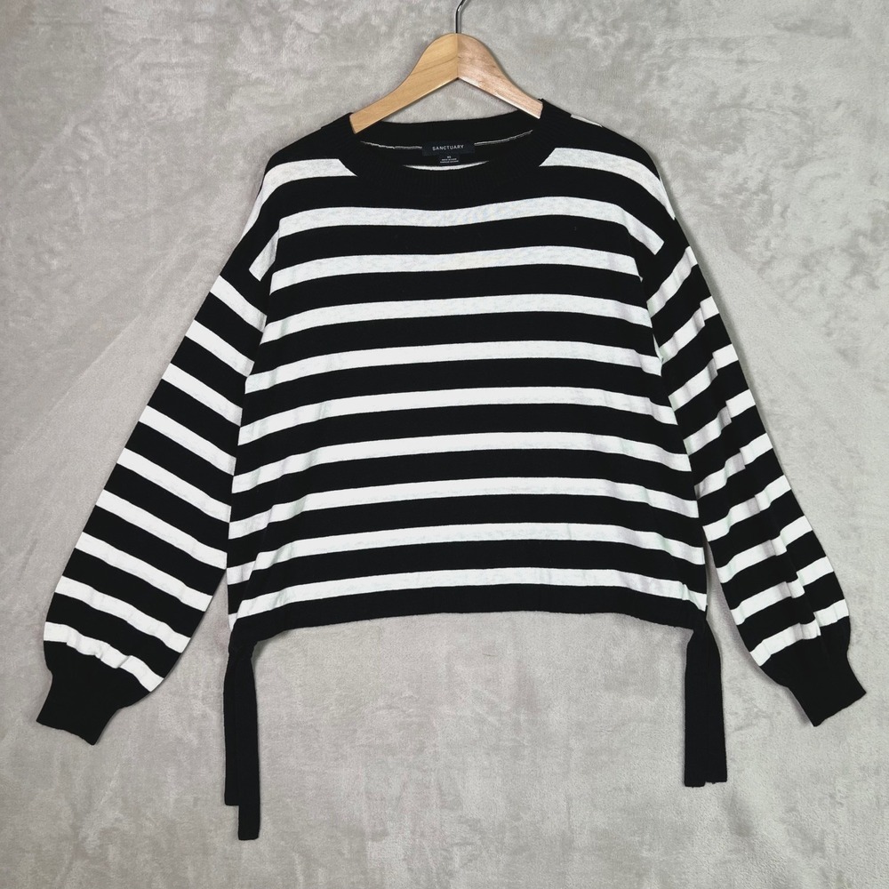 Sanctuary Sweater XS Black White Stripe Knit Ribbed Cuffs Tie Waist Nautical